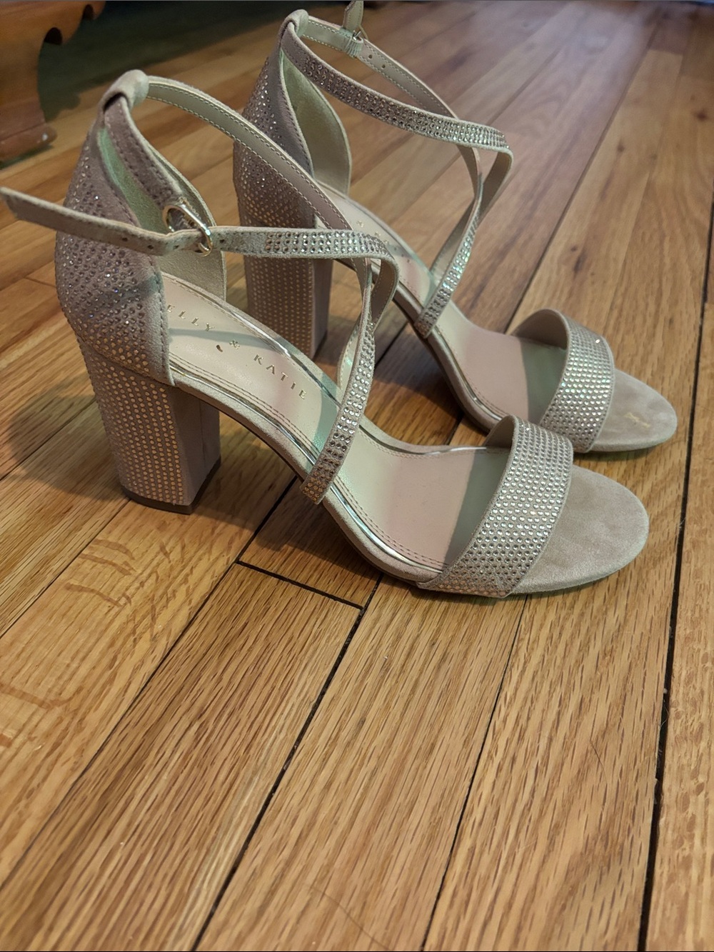 Kelly & Katie Champagne-Beige Rhinestone Block Heel Sandals